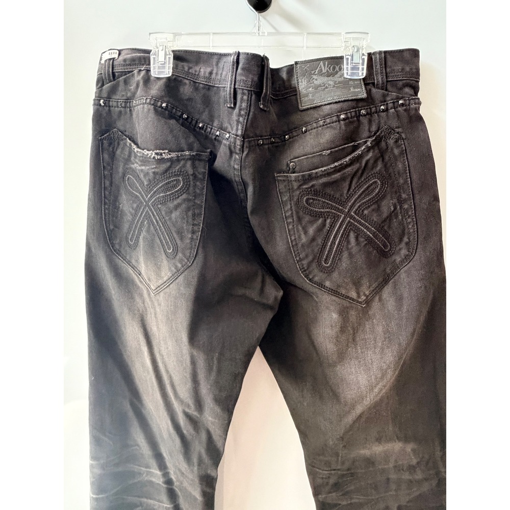 Akoo Mens Faded Black Studded Embroidered Streetwear Denim Jeans Size 40x33 - Picture 4 of 11